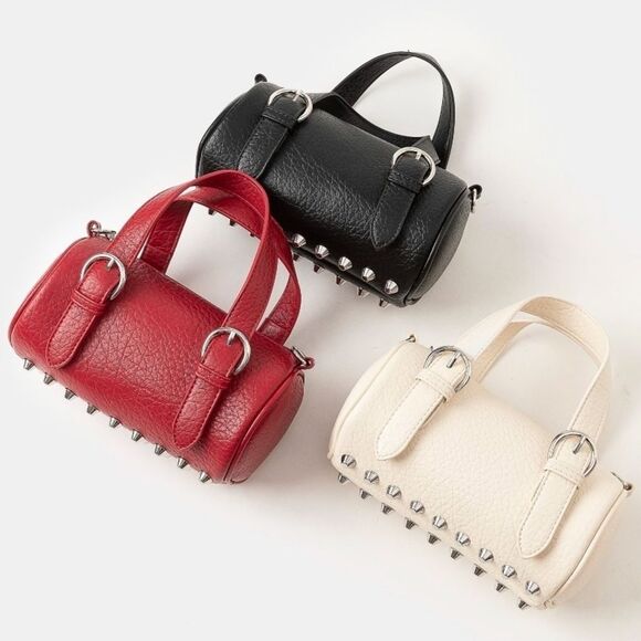 Double Wraparound Big Buckle Strap Red Faux Rounded Leather Handbag - Picture 2 of 4